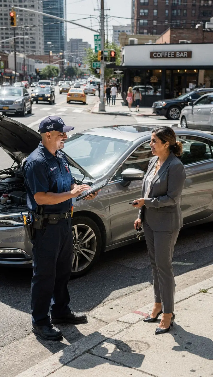 Ilustracja przedstawiająca pomoc drogową udzielaną w trudnych warunkach na drodze.