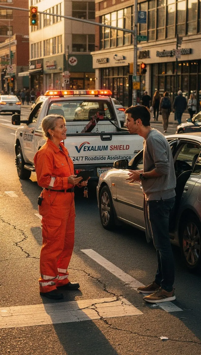 Zespół samochodowy w akcji, oferujący pomoc drogową i holowanie.